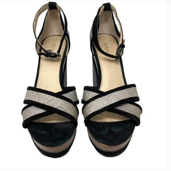 Botkier Paloma Glitter Silver & Black Suede Chunky Heel Sandals - Size 8 - Picture 5 of 10